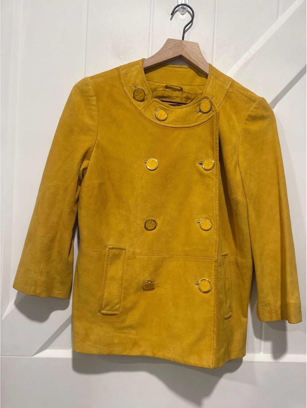 Tory Burch Mustard Yellow Genuine Leather Double-Breasted Jacket, Size 8